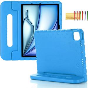 Kids Case for iPad Pro 11" M5 M4 & iPad Air 11" 2025/2024 Shockproof Case with Pencil Holder, Techcircle Rugged Handle Stand Lightweight EVA Foam Bumper Protective Child Drop Proof Cover, Blue