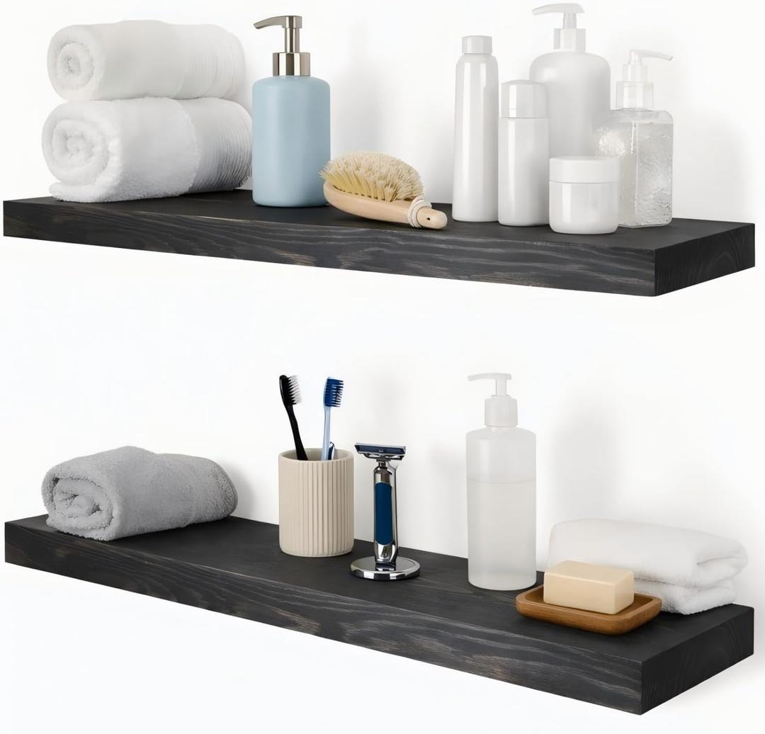 Wood Floating Shelves 36 inch Long Set of 2,8 inch deep Solid Wood Wall Mounted Shelves for Living Room Kitchen,Book Shelf for Wall with Hidden Bracket- Black