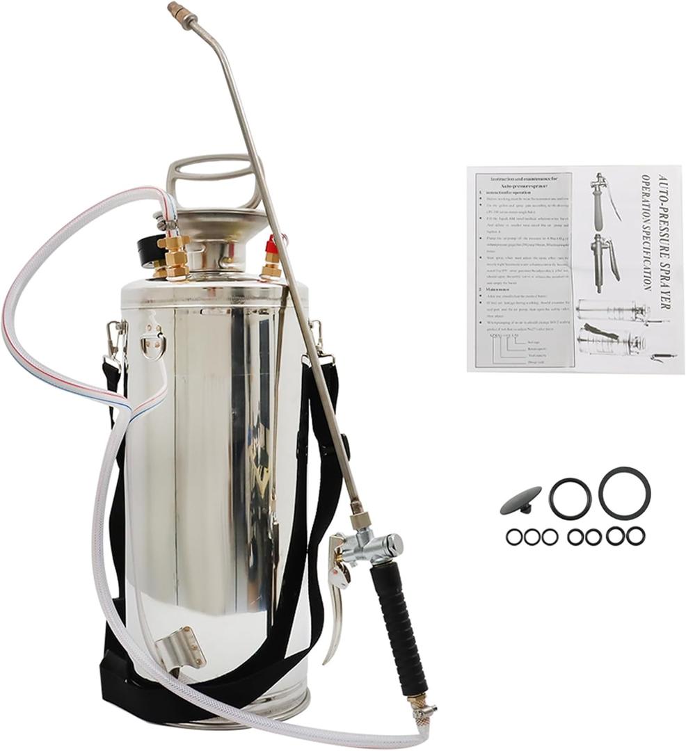 2 Gallon Stainless Steel Sprayer, 20 Wand & 3FT Reinforced Hose, Heavy Duty Hand Pump Sprayer with Pressure Gauge, Safety Valve and Adjustable Nozzle, for Lawn, Garden Watering (Silver-8L)