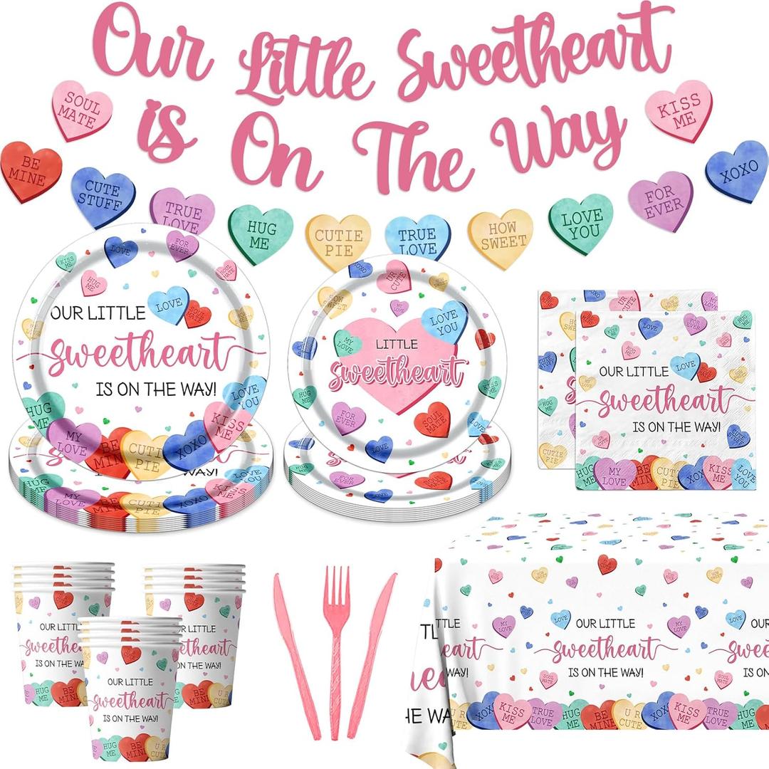 Sweetheart Baby Shower Paper Plates and Napkins Valentine's Day Conversation Heart Decorative Tableware Little Sweetheart is on the Way Decorations for Valentines Birthday Anniversary Serve 20