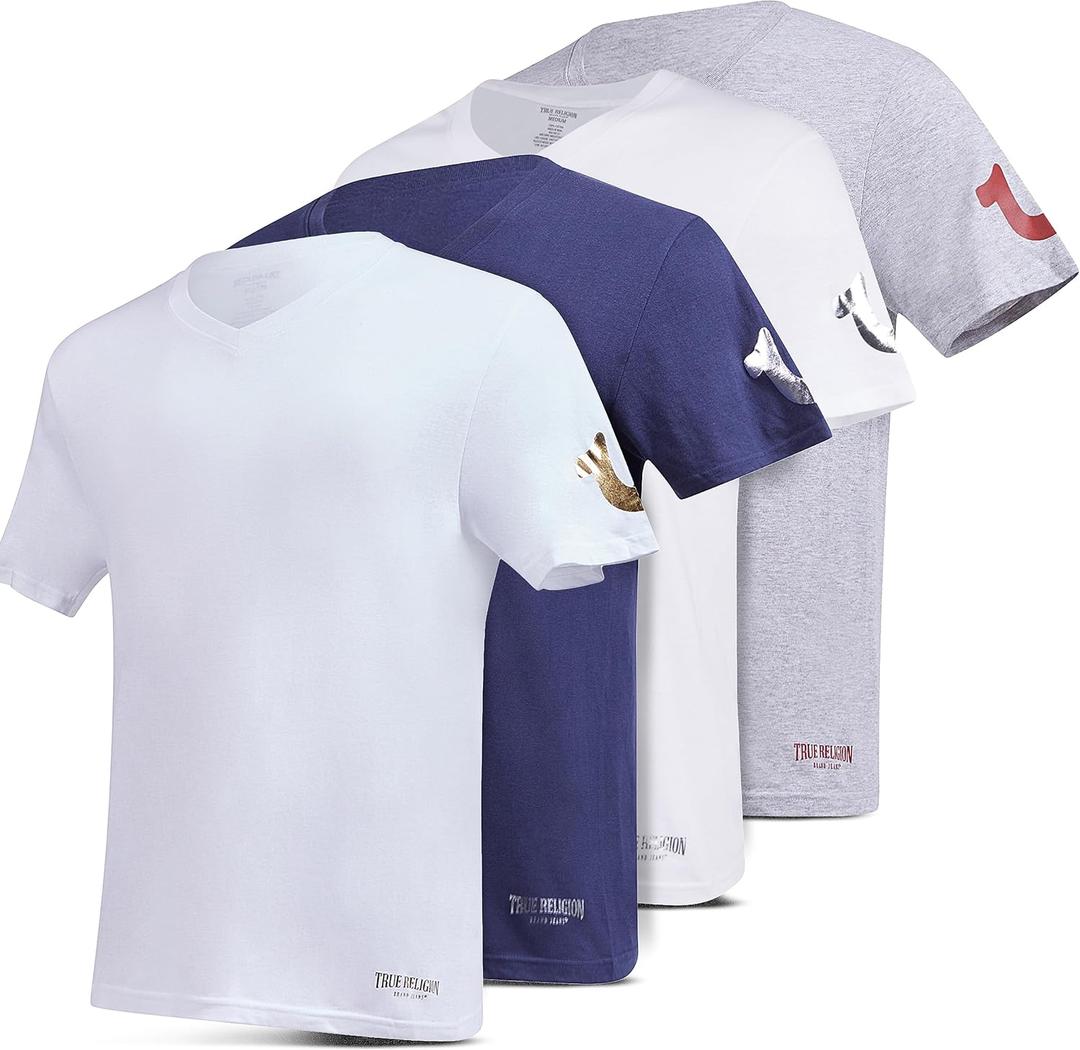 True Religion Mens Undershirts 4 Pack Lightweight Mens Undershirt, 100% Cotton (Large, White/White/Heather Grey/Navy)