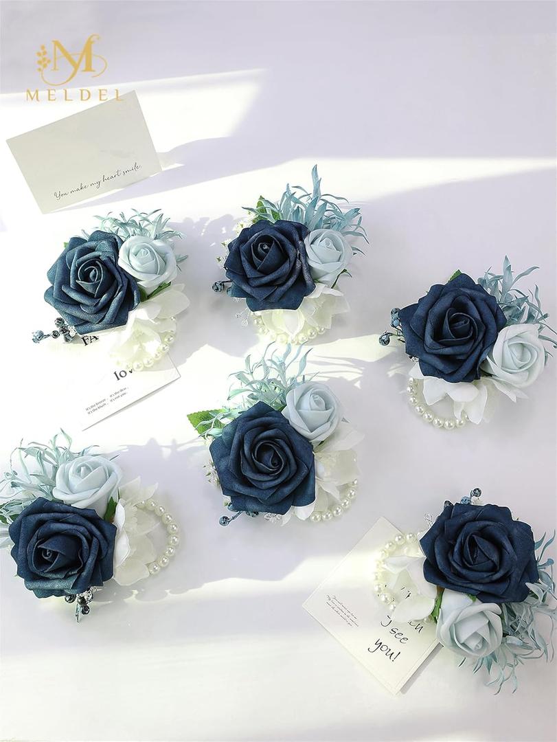 Meldel Navy Blue Wrist Corsage, Set of 6, Homecoming Wrist Flower for Girl/Mother, Perfect for Bride Bridesmaids Wedding Guests Hand Flower, Proms, Party, Ceremony Anniversary