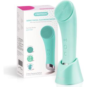 PRITECH Silicone Face Scrubber, Rechargeable Facial Cleansing Brush with Heat Massage End, Vibrating Exfoliator Scrubber for Deep Cleaning, Waterproof Face Brush for Women and Men (Green)