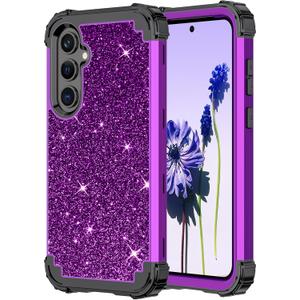 LONTECT for Galaxy A35 5G/A55 5G Case Glitter Sparkly Bling 3 in 1 Shockproof Heavy Duty Hybrid Sturdy High Impact Protective Cover Case 6.6 inch 2024,Shiny Purple/Black