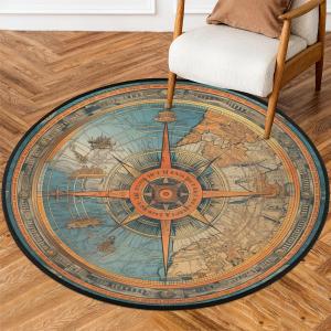 Nautical Compass Round Area Rug, Vintage Compass Painted Non-Slip Circle Rug for Bedroom Living Room Outdoor Study Playing Floor Mat Carpet, 5.2' Diameter