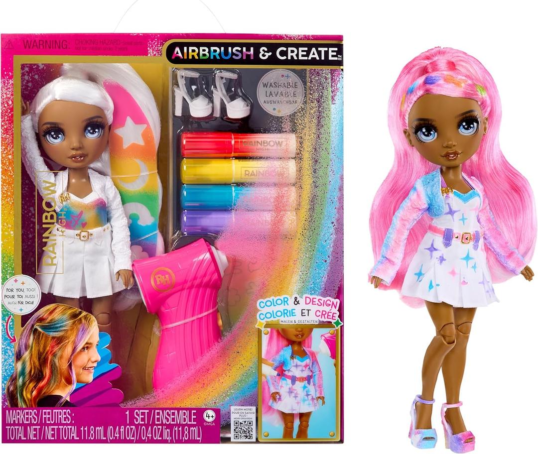 Rainbow High Air Brush & Create DIY Fashion Doll with Airbrush Marker Kit, Washable Rainbow Markers, Long Hair, Grey Eyes, Color, Create, Play, Rinse and Repeat. Creative 4-12+