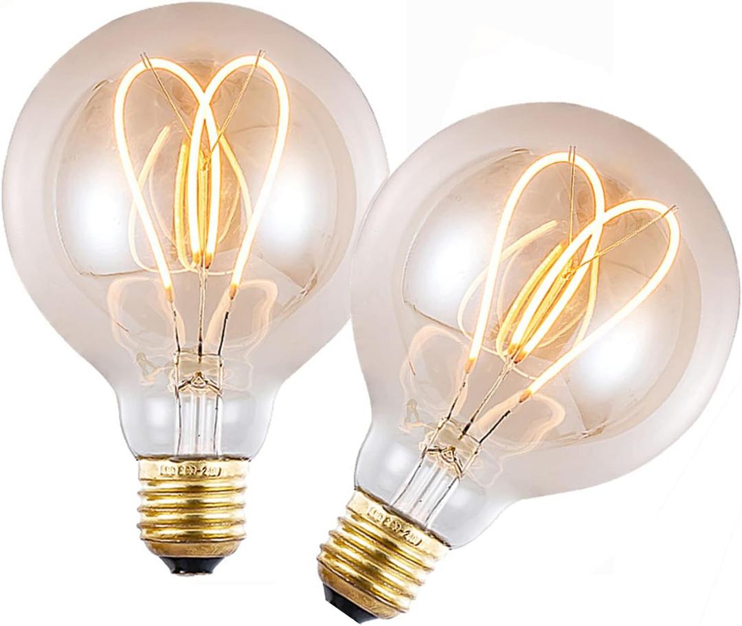 Lxcom Lighting Decorative Light Bulb, G95 Vintage Globe Led Dimmable Hearts Edison Bulb,4W(40W Equivalent),2300K Warm Yellow, E26/E27 Base, Amber Glass, Pack of 2