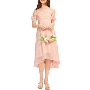 Imily Bela Girls Cold Shoulder Junior Bridesmaid Dresses Asymmetrical Chiffon Wedding Party Gown Dress (Pink)