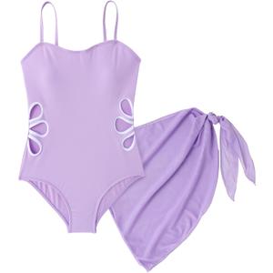 SEAUR Girls Cut Out One Piece Swimsuit with Cover Up Skirt Bathing Suit Swimwear 7-16 Years (11-12 Years, Purple)