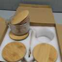 JBHO Vintage Glass 14OZ Coffee Mugs 4pcs Clear Embossed Glass Cups with Bamboo Lids and Spoons Gifts for Women Overnight Containers for Tea, Cereal, Cappuccino, Latte