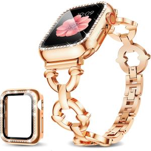 Mesime Compatible with Apple Watch Band 38mm 40mm 41mm 42mm 44mm 45mm 46mm, Women Bling Jewelry Bands with Tempered Glass Screen Protector Case, Shiny Strap for iWatch Series 11/10/9/8/7/6/5/4/3/2/1/SE