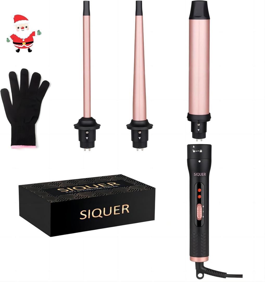 3 in 1 Curling Wand Set - SIQUER Hair Waver Curling Iron for Women with 3 Interchangable Ceramic Beach Waves Wands 1/2 Inch to 1 1/4 Inch Fast Heating Up Hair Curler with Box (Rose, Black)