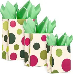 Humyoun 12 Pack Graduation Gift Bags(4 Small 6.5" 4 Medium 9.6" 4 Large 13")with Tissue Paper St. Patrick's Day Treat Bag for Mother's Day Easter Birthday Baby Bridal Shower(Light Red and Green Dots)