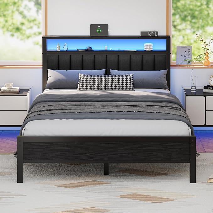 Furnulem Queen Size Bed Frame with Charging Station and LED Lights
Platform Bed with Grey Upholstered Headboard, 2-Tier Storage Shelf, Metal Slats, No Box Spring Needed, Noise-Free, USB+Type-C