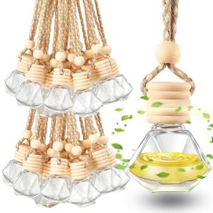 Rtteri 100 Pcs Hanging Car Air Freshener Diffuser Bottles Empty Glass Perfume Diffuser Vials Refillable Oil Aromatherapy Pendant with Wooden Caps and Hanging String for Car Home Office Decor(Diamond)