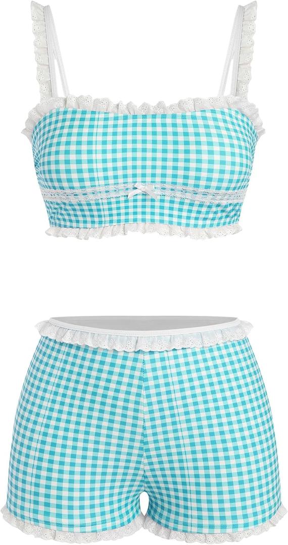 ZAFUL Womens High Waisted Bikini Sets 2 Piece Plaid Ruffle Swimsuits Back Strap Top with High Waisted Shorts Bathing Suit (Blue, M)