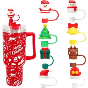 8 Packs Soft Silicone 3D Straw Toppers, Red Christmas Series, Fit 0.4in/10mm Straws, Compatible with Stanley Cup 30&40 Oz, Reusable Dust-Proof Leakproof Straws Covers Protectors Accessories