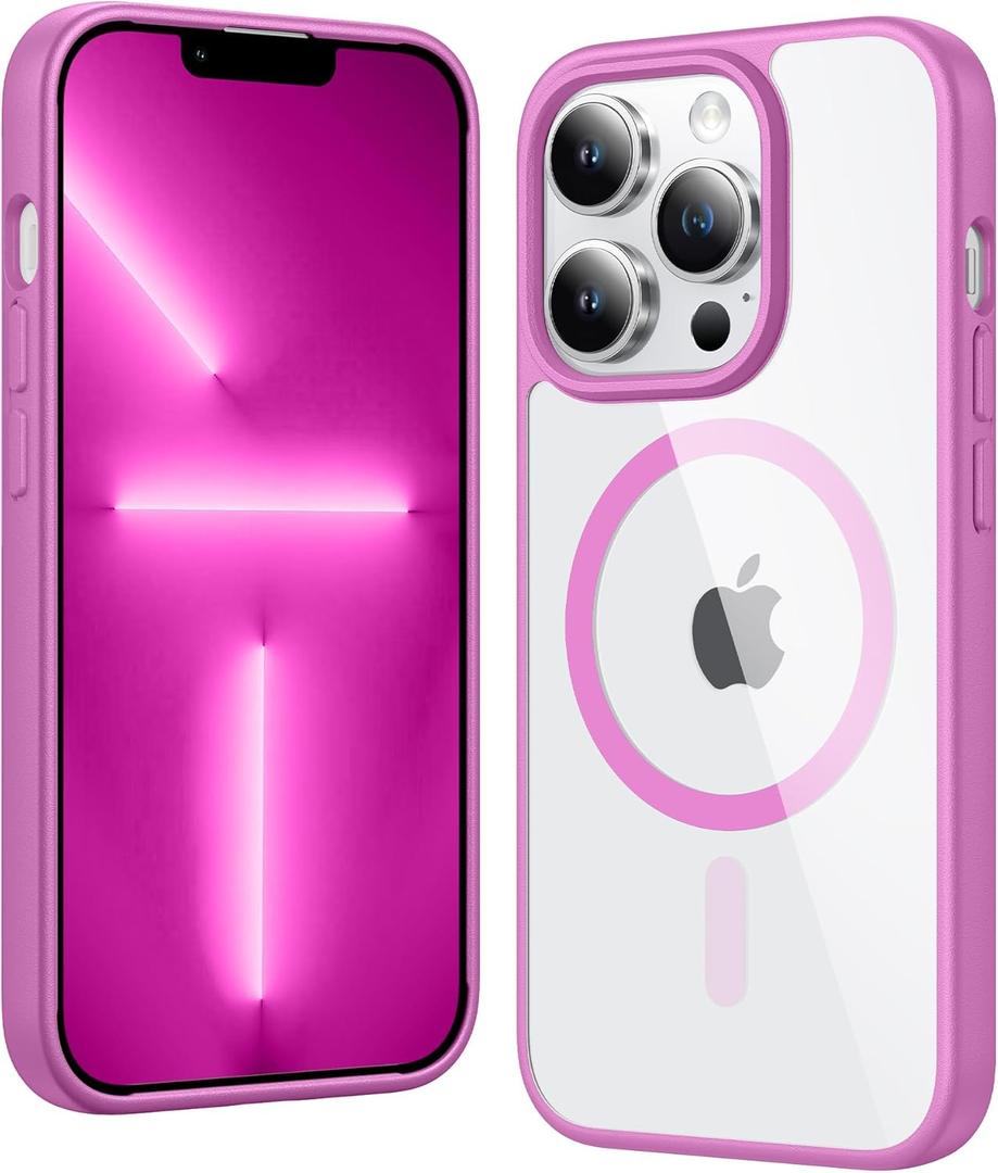 FNTCASE for iPhone 13 Pro-Max Case: Clear Magnetic Phone Cases Compatible with Magsafe Slim Anti Yellowing Military Grade Drop Protection Rugged Transparent Cell Phone Cover (B-Pink)