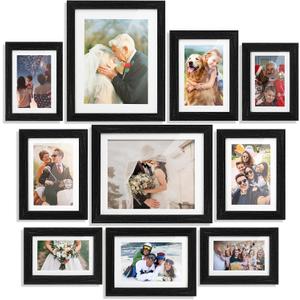Picture Frame Set of 10 Display Pictures 8x10 5x7 4x6 with Mat and HD Glass, Gallery Photo Frames for Wall or Tabletop (Black)