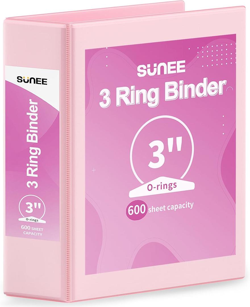 SUNEE 3 Ring Binder 3 Inch 1 Pack, Clear View Binder Three Ring PVC-Free (Fit 8.5x11 Inches) for School or Office Supplies, Pink