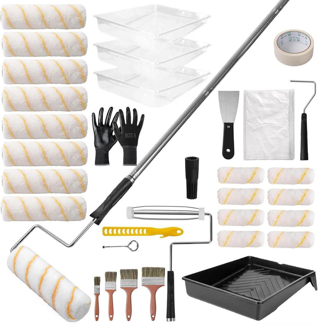 SOUTHGATE 33PCS Paint Roller Kit with 4-Section Pole(1-5 FT) Heavy Duty Handles, 4" 9" Paint Rollers, Drop Cloth & Brushes Set House Painting Tools for Home Renovation by DIYers & Pros