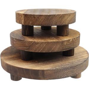 Geesatis 3Pcs Wooden Display Risers, 5/6/8" Round Wood Riser Small Planter Tray Modern Potter Decorative for Desktop Counter Room(Rustic Brown)