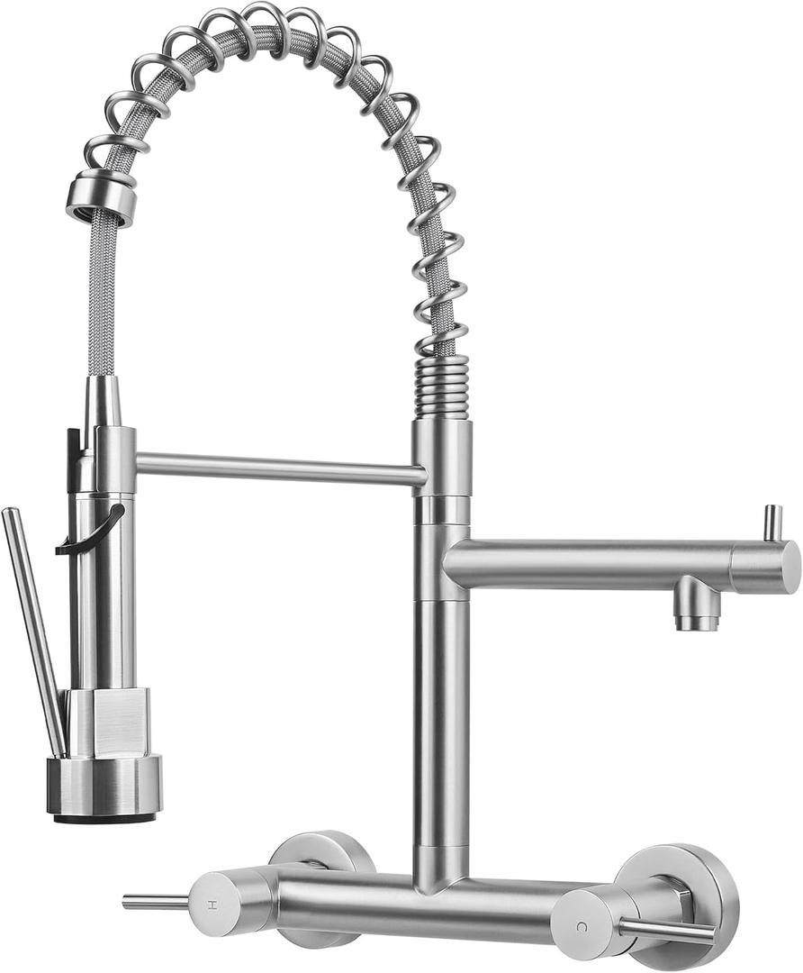 BZIMAK Wall Mount Kitchen Sink Faucet, 8 Inch Center Commercial Faucet with Sprayer & Swing Spout, Dual Handles for Kitchen Laundry Restaurant (Brushed Nickel with Swing Spout)