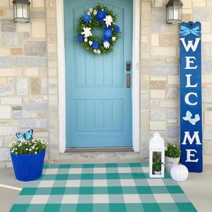 Buffalo Plaid Outdoor Rug 27.5" x 43" Teal Green and White Checkered Area Rug Washable Doormats Indoor Outdoor Rugs for Layered Front Door Mats, Porch, Entryway, Kitchen, Farmhouse