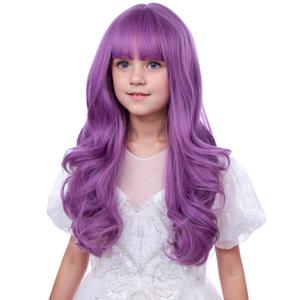 Kids Lavender Wig Child Long Wavy Light Purple Wigs with Bangs Synthetic Wigs for Girls Daily Party Halloween Use