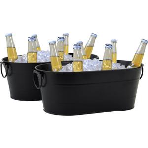 Ice Bucket Galvanized Tub, 2 Pcs 3 Gallon Oval Beverage Tub, Drink Cooler Ice Buckets for Parties, Metal Bucket with Handle for Beer Whiskey Wine and Cocktails (Black) (S: 15.86 x 9.2 x 6 inch)