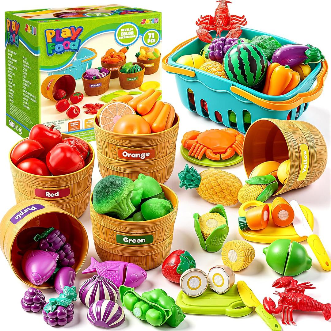JOYIN Learning Toys Play Food Set for Toddlers, Cutting Food for Preschool Activities, Play Kitchen Accessories, Educational Toys, Color Sorting Set for Boys & Girls, Back to School Gifts for Toddlers