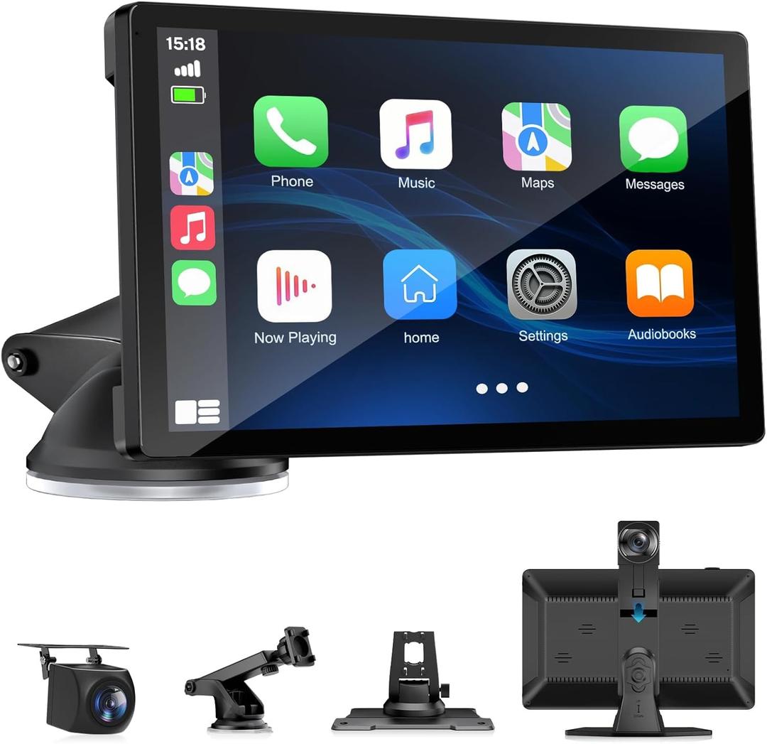 BOXGVO Wireless Carplay Screen for Car with 4K Dash Cam, 9" Portable Carplay & Android Auto, Car Touchscreen with 1080p Backup Camera, GPS/Voice Control/FM//Mirror Link/Bluetooth