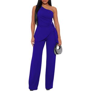 Ekaliy Women's 2 Piece Pants Suit Sexy One Shoulder Top Flare Pants Sets Elegant Jumpsuits Formal Going Out Suit (XX-Large, Blue)