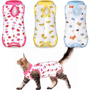 Nuanchu 3 Pieces Cat Recovery Suit Kitten Recovery Suit E-Collar Alternative for Cats and Dogs Abdominal Skin Anti Licking Pajama Clothes Sets, Medium,Strawberry Style