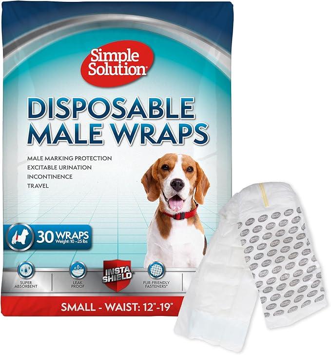 Simple Solution Disposable Dog Wraps, Male Dog Diapers, Puppy Potty Training, Incontinence and Travel Protection, Wraps for Small Dogs, 12-19 Inch Waist, 30 Count