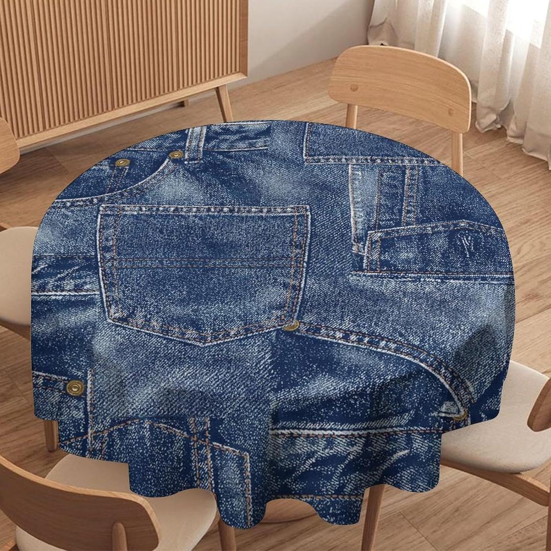 Denim Patchwork Print Style Round Tablecloth, Fashionable Denim Pattern Design (Not Denim Fabric) Water Resistant Table Cover for Farmhouse Picnic Party Holiday Kitchen Dinner Table 60" (Denim Blue-2)