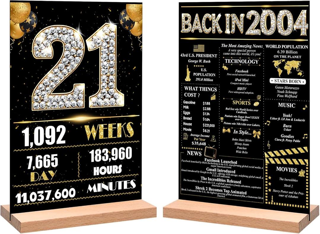 21st Birthday Party Decorations for Women Men, Black Gold Back in 2004 Birthday Decor Poster Acrylic Table Sign, 21st Birthday Party Supplies, Double-Sided