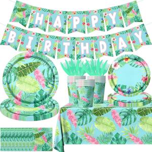 142Pcs Hawaiian Birthday Party Plates and Napkins Tropical Luau Party Decorations Palm Leaves Tableware for Summer Beach Birthday Hawaiian Luau Party Supplies