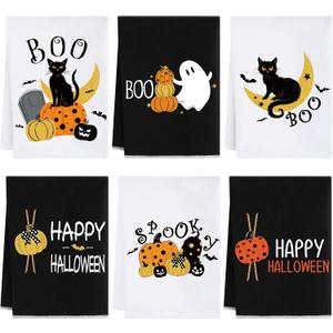 Peryiter 6 Pcs Halloween Kitchen Hand Towel Boo Black Cat Ghost Bath Towels 14 x 21 Inch Spooky Pumpkin Bat Decoration Dish Towels for Halloween Bathroom Holiday Kitchen Decor