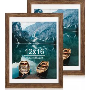 Hongkee 12x16 Picture Frame Set of 2, Rustic Brown Wood Style - Display 12 x 16 Poster without Mat or 11x14 Picture with Mat, Wall Mounting Horizontal and Vertical