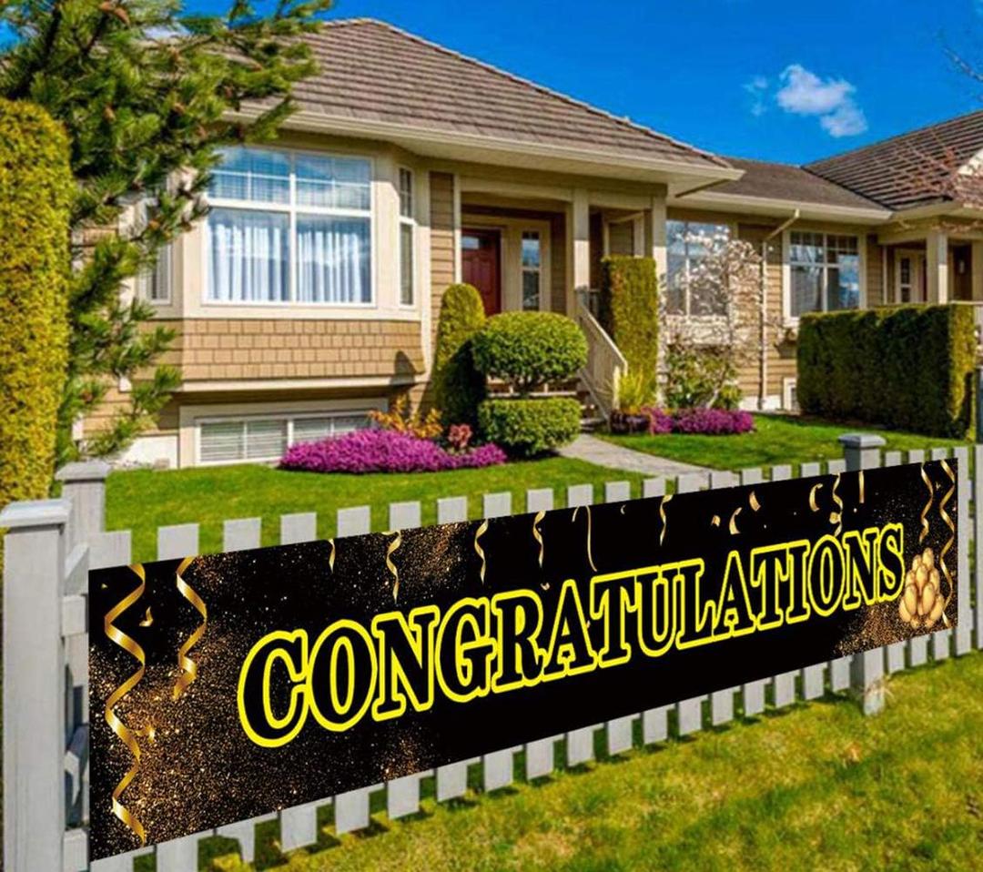 Large Congratulations Banner Congrats Congratulation Black Banner, Birthday, Retirement, Anniversary, Graduations Party Decorations Supplies (9.8 x 1.6 feet)