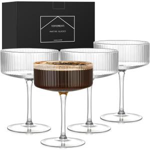 Coupe Glasses Set Of 4,Hand-Blow 10 Oz Vintage Cocktail Glasses,Ribbed Martini Glasses For Espresso Martini, Champagne,Cosmopolitan,Manhattan,Cocktail Party,Cocktail Glassware Gift Set