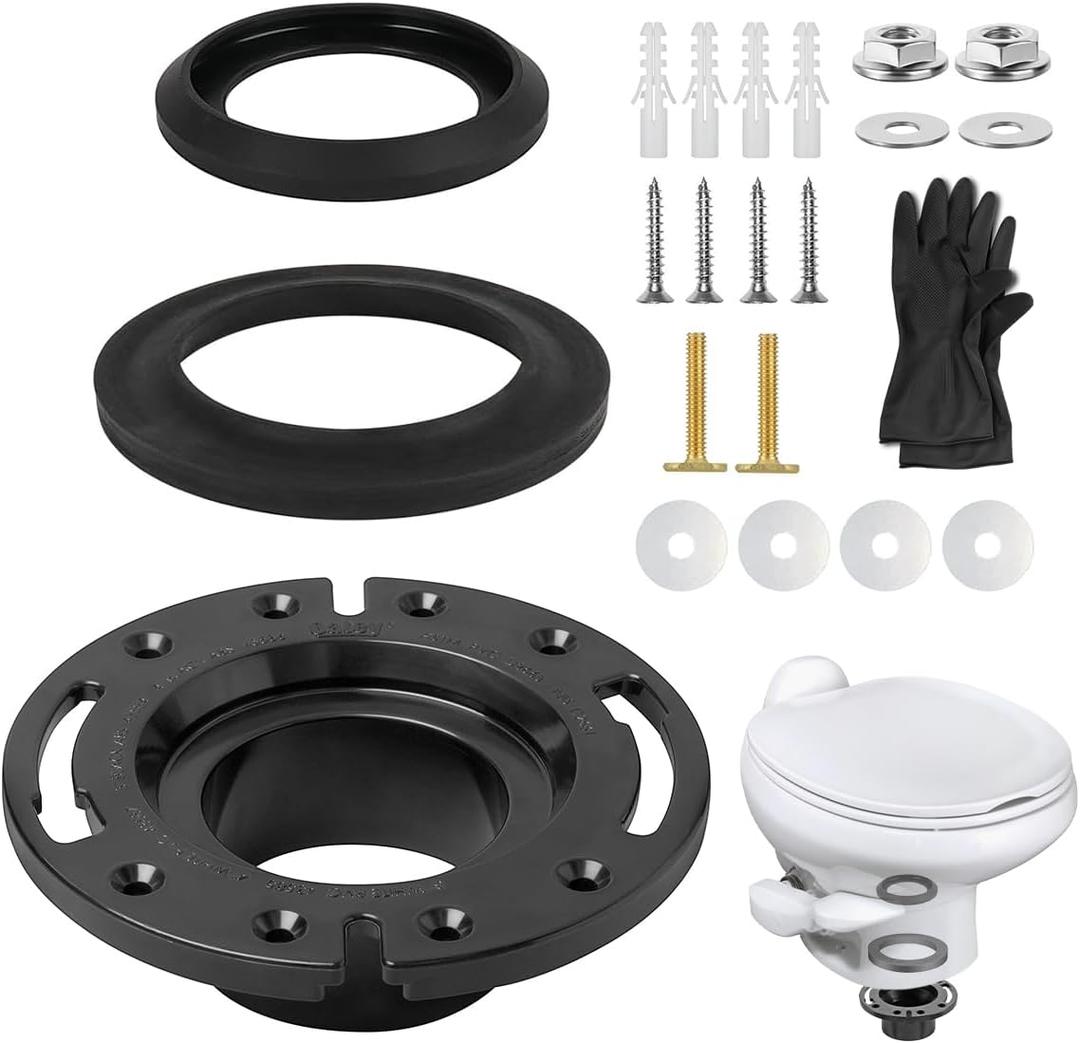 RV Toilet Seal Kit, 3'' RV Toilet Flange 385345892 and RV Toilet Seal 34120 & 12524 for Aqua Magic Style Plus, Style Lite, Style II & Residence, RV Toilet Kit w/Industrial Nitrile Gloves