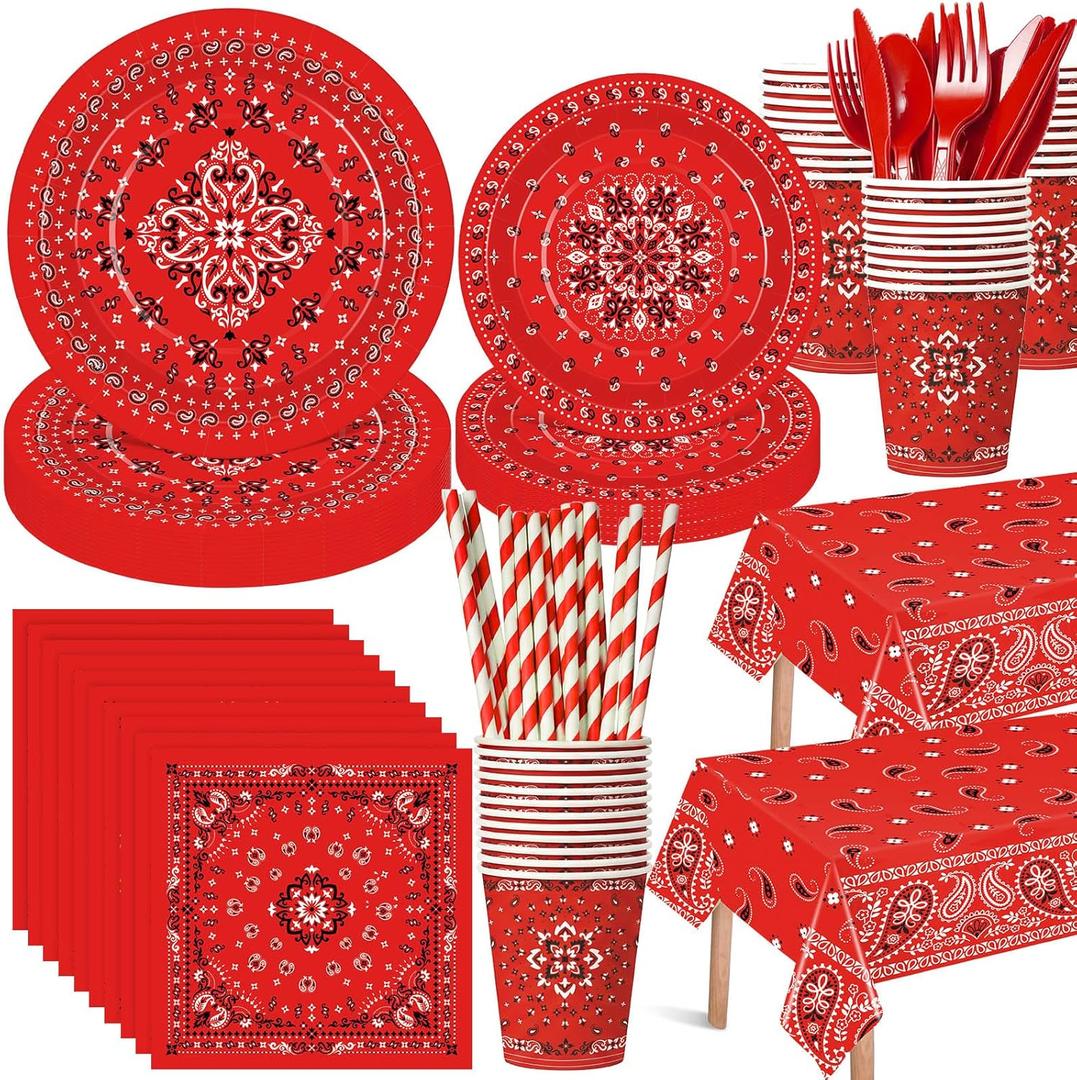 Funnymoom 452 Pcs Red Bandana Western Party Decorations for 50 Guests, Red Bandana Paper Plates Cups Napkins Tablecloth Cutlery Straws for Cowboy Cowgirl Farm Baby Shower Birthday Party Supplies