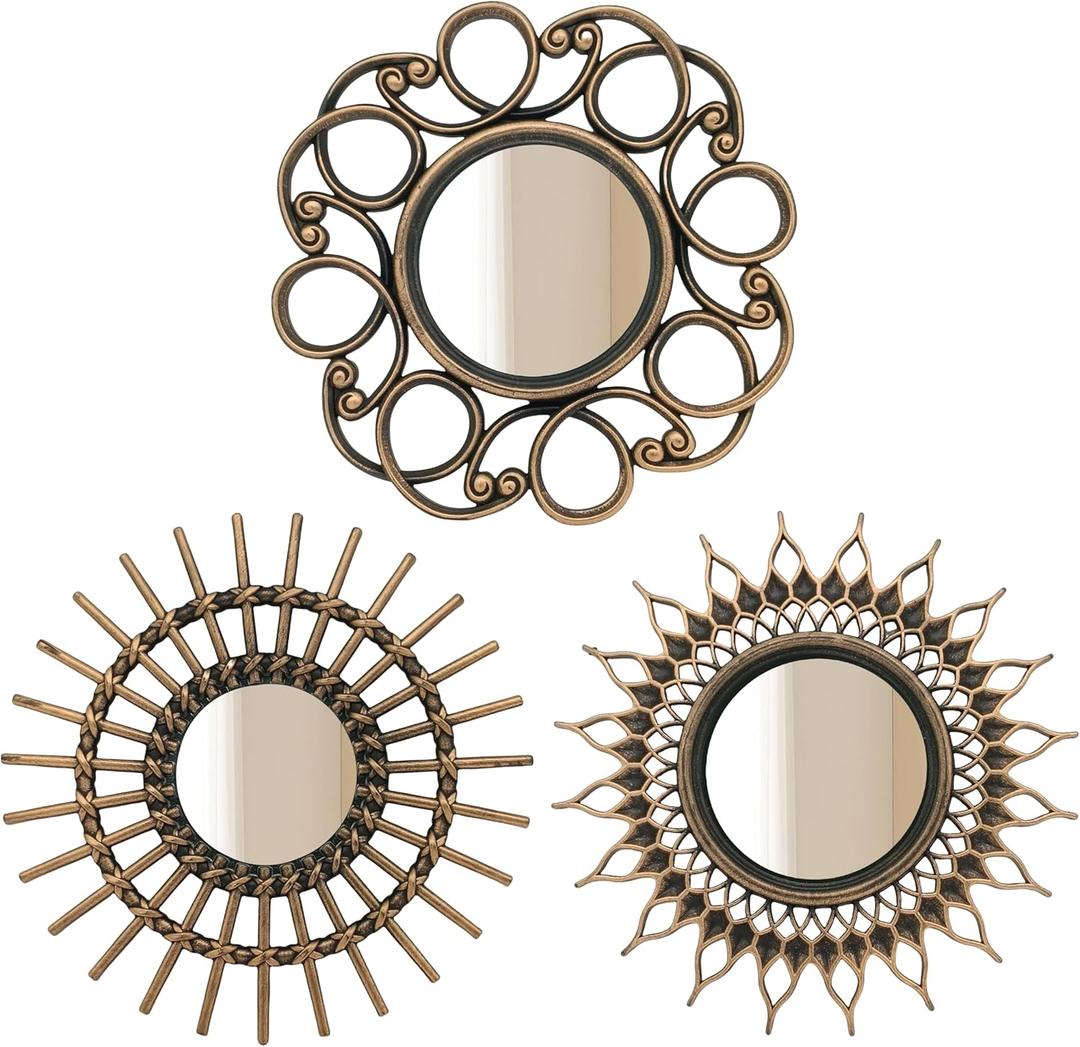 Retro Gold Mirrors for Wall Pack of 3. Round Mirrors. Decorative Mirrors.Wall Mirrors for Decor Home Decor.Plastic Frames.Glass Mirrors.Make Old Gold Color. (9.8x9.8)
