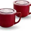 2 x Ceramic Soup Bowl with Handle 32oz Microwave Ramen Bowl with Lid, Soup Mugs & Cups for Cereal, Oatmeal, Ramen, Instant Noodle, Soup Container with Lid - Set of 2 (Red)