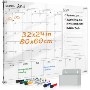 MAKELLO Acrylic Calendar for Wall 32" x 24", Clear White Board Calendar for Office, School, Home, Monthly Whiteboard with Weekly