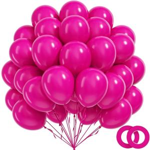 100pcs Hot Pink Balloons 12 inch, Bright Pink Latex Balloons with Pink Ribbon for Birthday Wedding Engagement Bridal Bachelorette Tropical Party Decorations