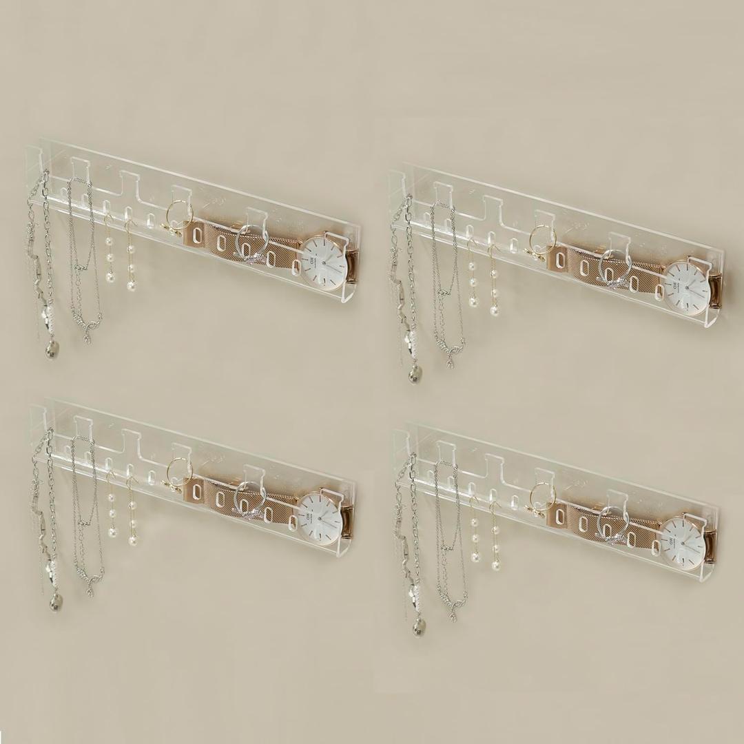 Necklace Organizer Jewelry storage Holder Bracelets Earrings Keys Organizer Hanger Self-Adhesive Wall Acrylic Cabinet Display Easy Hanging for Studs Dangling Bangle 4 Packs