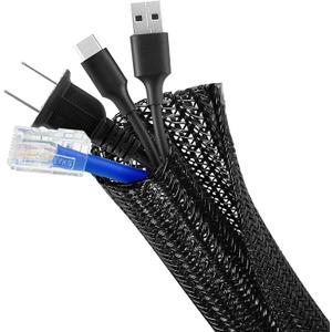 ELECFUN 8ft - 1/4 inch Cable Management Sleeve Cord Protector, Split Wire Loom for USB TV Computer, Braided Wire Cover Hider Organizer Tubing Protect Cat Dog from Chewing, Black